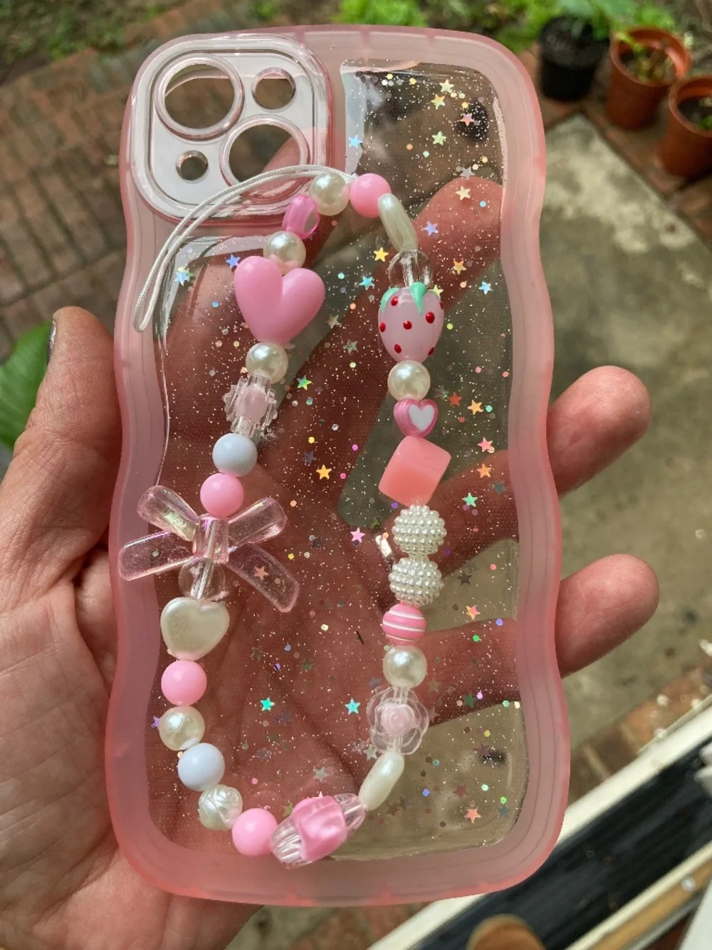iPhone 15 Plus Wavy Phone Case Includes Beaded Phone Strap Charm